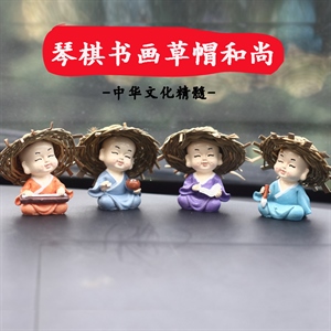 新款树脂工艺品琴棋书画草帽和尚车内装饰品创意汽车摆件保平安,环泰车饰